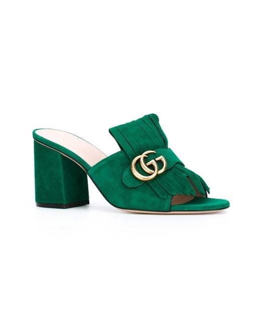 Gucci Marmont Gg Kiltie Suede Block Heel Mules in Green | Lyst