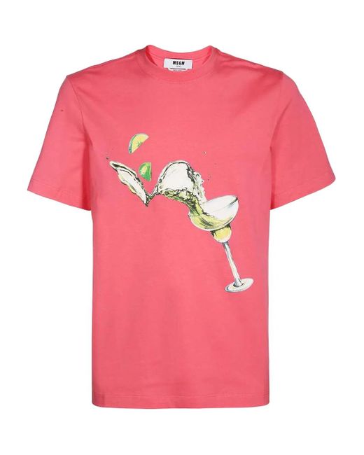 MSGM Pink Cocktail-Print Cotton T-Shirt for men