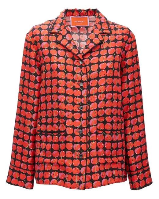 LaDoubleJ Red Cherry-Print Silk Pyjama Set