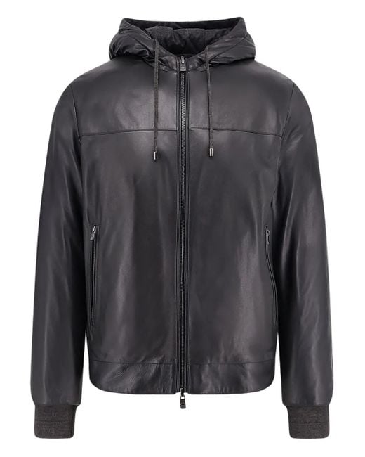 Corneliani Gray Lined Hooded Leather Jacket for men