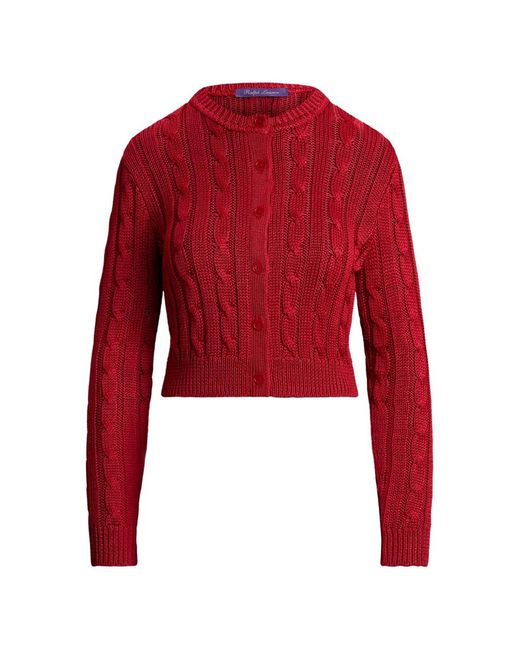 Ralph Lauren Red Cardigan En Maille Torsadée À Coupe Crop