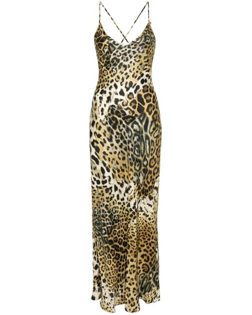 Roberto Cavalli Metallic Leopard Print Silk Dress