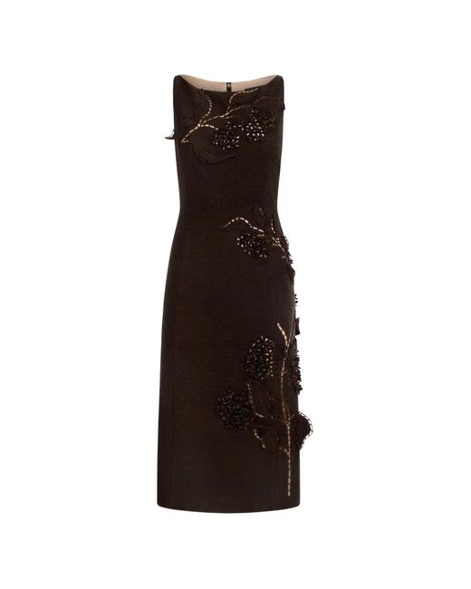 Oscar de la Renta Brown Flower-Detail Cutout-Detail Midi Dress