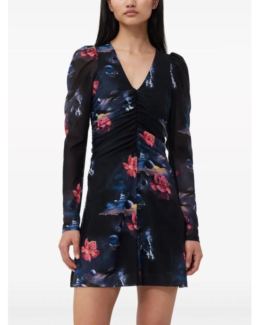 Ganni Geplooide Mini-Jurk Met Grafische Print in het Blue