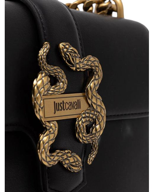 Just Cavalli Black Snake-Plaque Chain-Strap Shoulder Bag