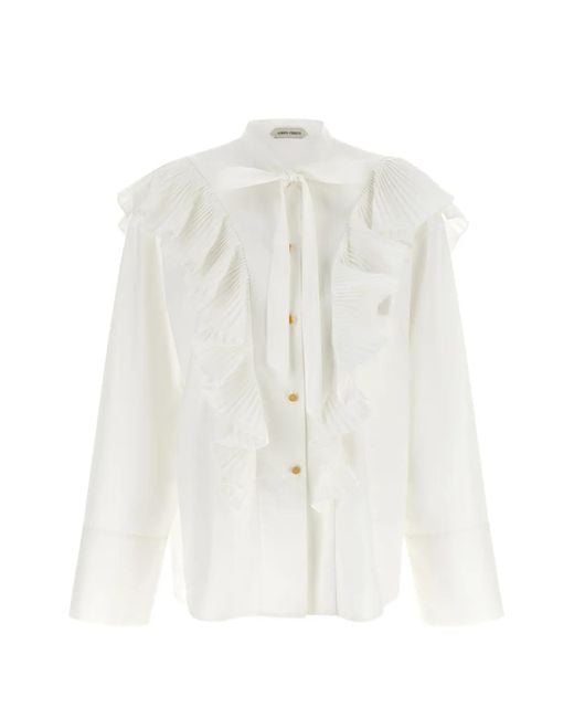 Alberta Ferretti White Pleated-Ruffle Pussy-Bow Shirt