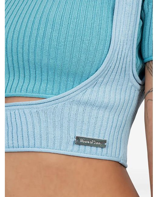 House Of Sunny Blue Ribbed-Knit Cut-Out Top