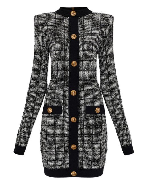 Balmain Black Tweed Long-Sleeve Dress