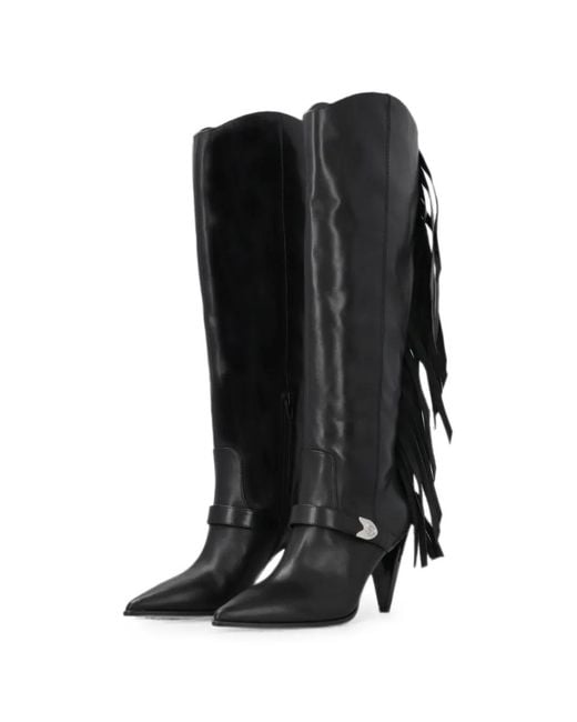 Pinko Black Fringe-Detail Leather Boots