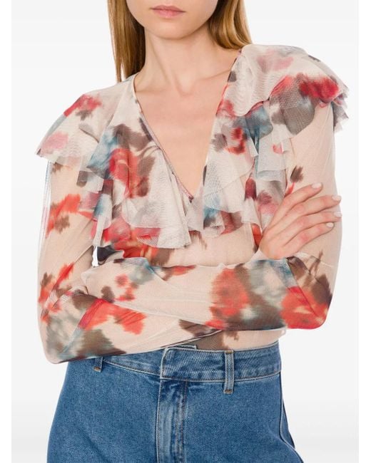 Philosophy Di Lorenzo Serafini Pink Floral Print Top With Ruffled Detailing