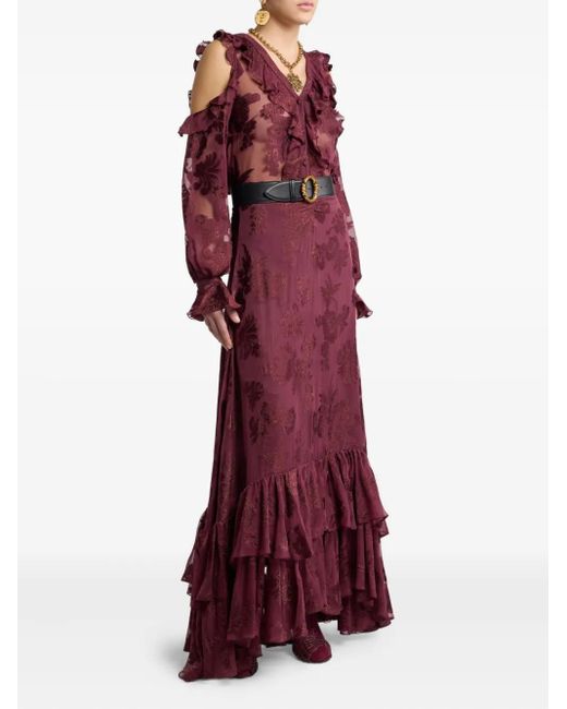 Etro Purple Floral-Print Ruffled Maxi Skirt