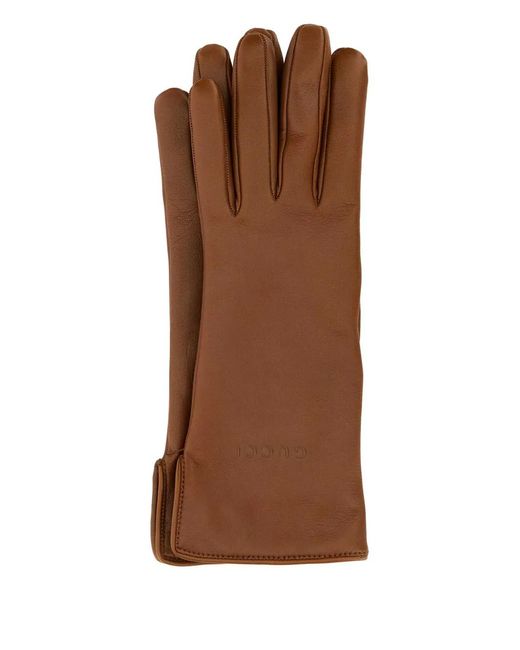 Gucci Brown Embossed-Logo Leather Gloves