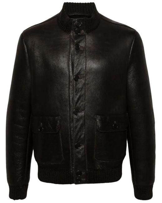 Salvatore Santoro Black Leather Bomber Jacket for men