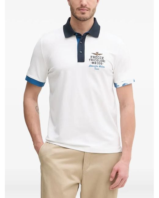 Aeronautica Militare White Logo-Embroidered Contrast-Trim Polo Shirt for men