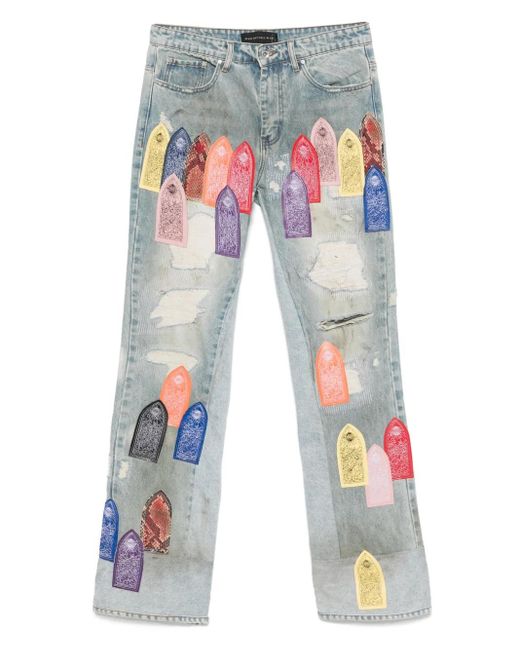 Who Decides War Blue Patch Arched Distressed Jeans for men