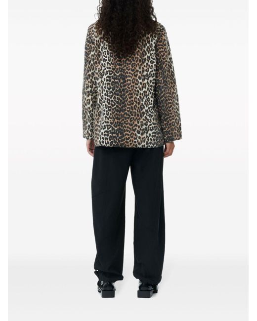 Ganni Gray Canvas-Hemdjacke mit Leoparden-Print