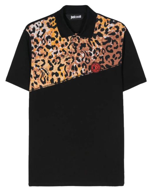Just Cavalli Black Leopard-Print Logo-Detail Polo Shirt for men