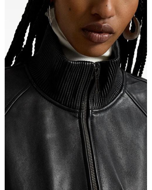Polo Ralph Lauren Black Ribbed-Trim Leather Jacket