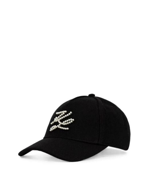 Karl Lagerfeld Black Pearl-Embellished Logo-Embroidered Cap