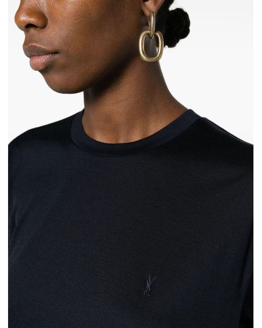 Saint Laurent Blue Logo-embroidered Wool-silk Blend T-shirt