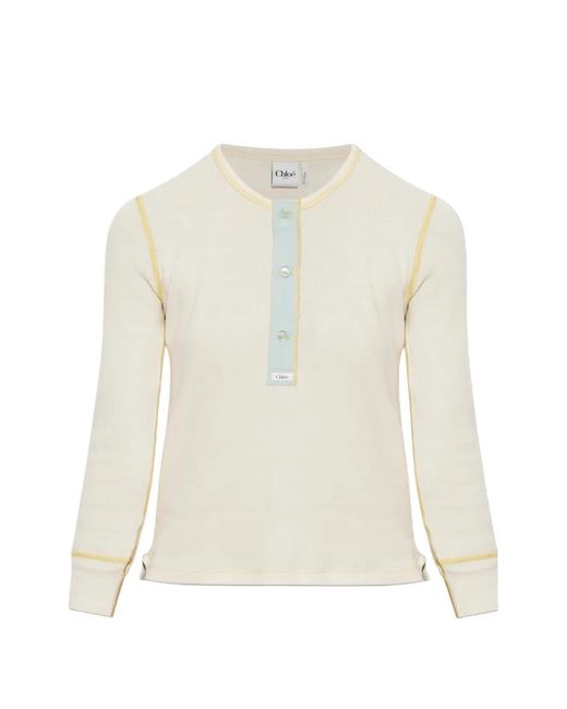 Chloé White Contrast-Stitch Button-Placket Long-Sleeve Top
