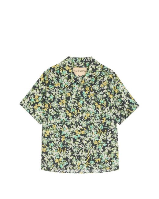 Valentino Garavani Green Cotton Poplin Bowling Shirt With Papier Floral Print for men