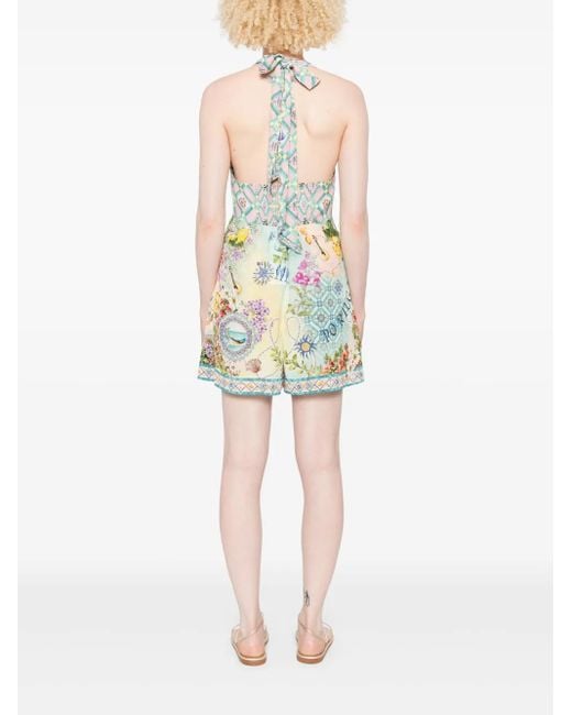 Camilla Blue Graphic Print Silk Jumpsuit With Halterneck Tie And V-Neckline