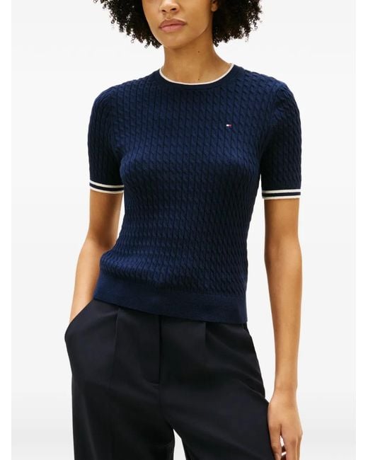 Tommy Hilfiger Blue Cable-Knit Striped-Trims Short-Sleeved Sweater