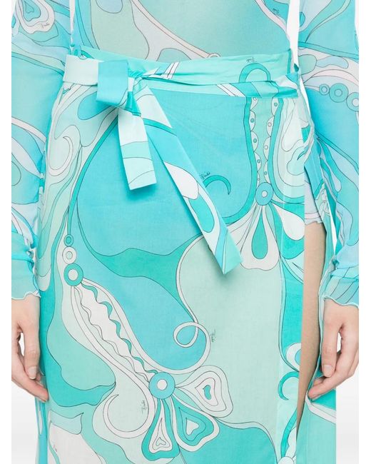 Emilio Pucci Blue Jupe Longue Orchidee À Détail Noué