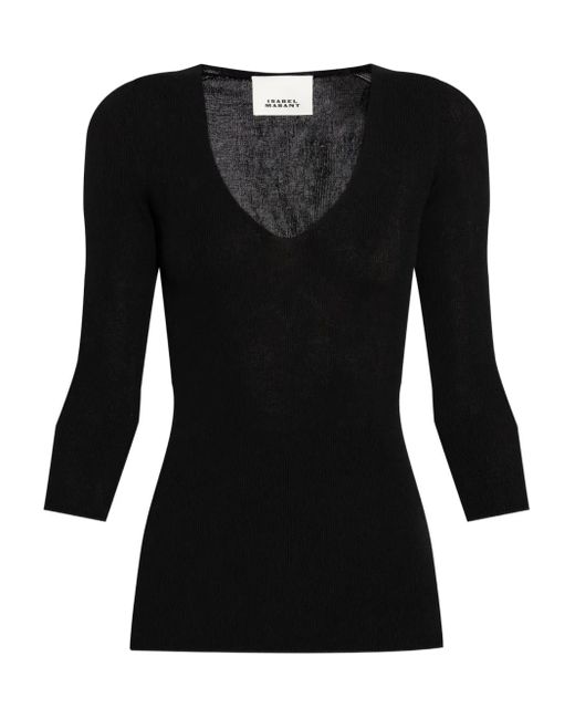 Isabel Marant Black Geripptes Top mit V-Ausschnitt