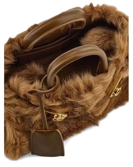 Ferragamo Brown Mini Hug Shearling Buckle Cross Body Bag