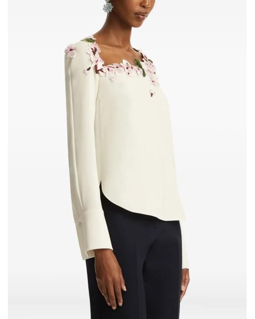 Oscar de la Renta White Floral-Embellished Long-Sleeve Blouse