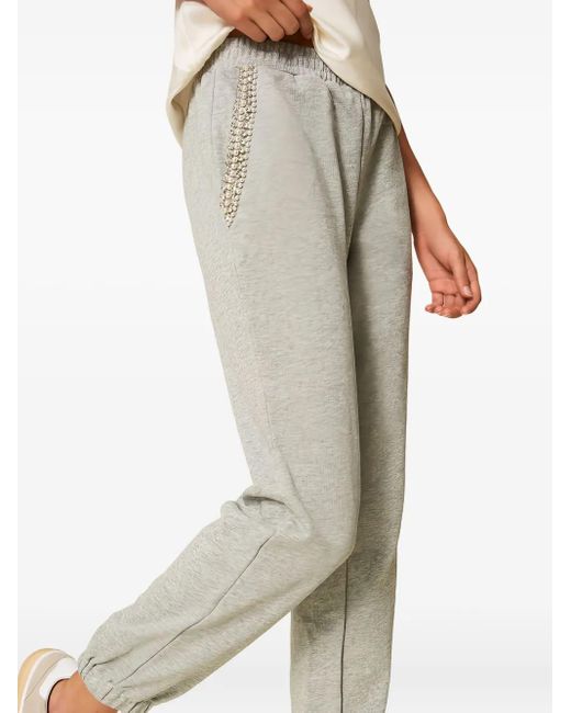 Twinset Natural Rhinestone-Embellished Cotton Track Pants