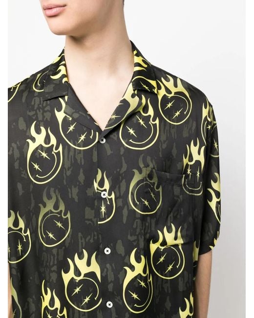 Phipps Black Oversized Smiley-Print Bowling Shirt for men