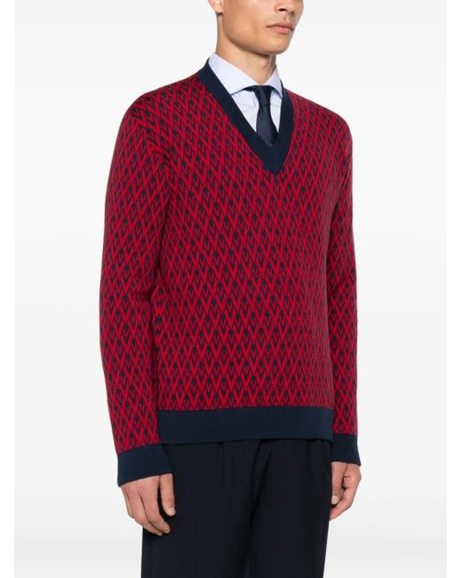 Valentino Garavani Red Geometric-Pattern V-Neck Sweater for men