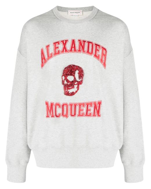 McQueen Gray Logo-Embroidered Cotton Hoodie for men