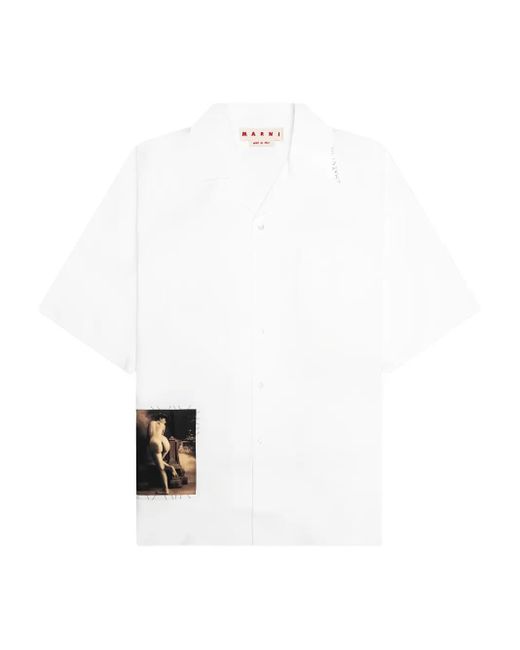 Marni White Embroidered-Patch Bowling Shirt for men
