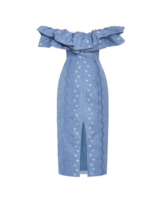 Markarian Blue Pollyanna Ruffled Off-The-Shoulder Midi Dress