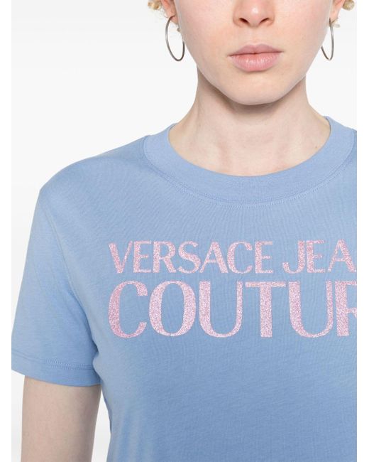 T-shirt en coton à logo pailleté Versace en coloris Blue