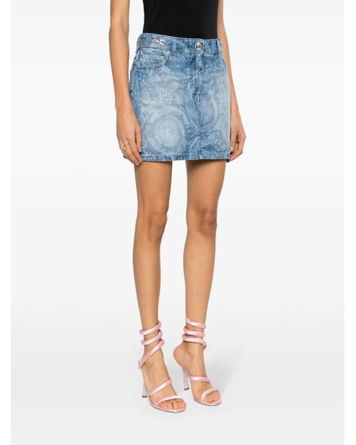 Versace Blue Baroque-Print Denim Miniskirt