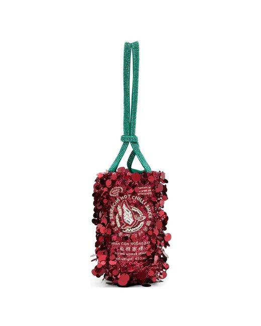 Anya Hindmarch Red Flying Goose Sequin-Embellished Bucket Bag
