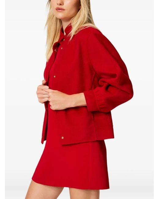 Twinset Red High-Neck Balloon-Sleeve Bomber Jacket