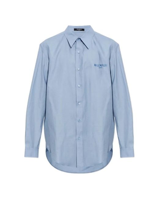 Balmain Blue Logo-Embroidered Cotton-Blend Shirt for men