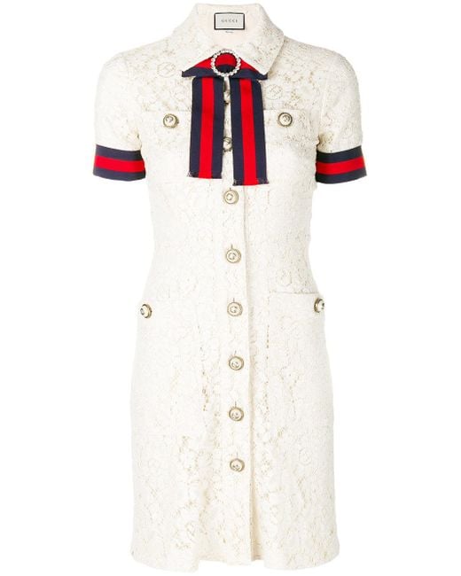 Gucci White Gg Web Trim Lace Shirt Dress