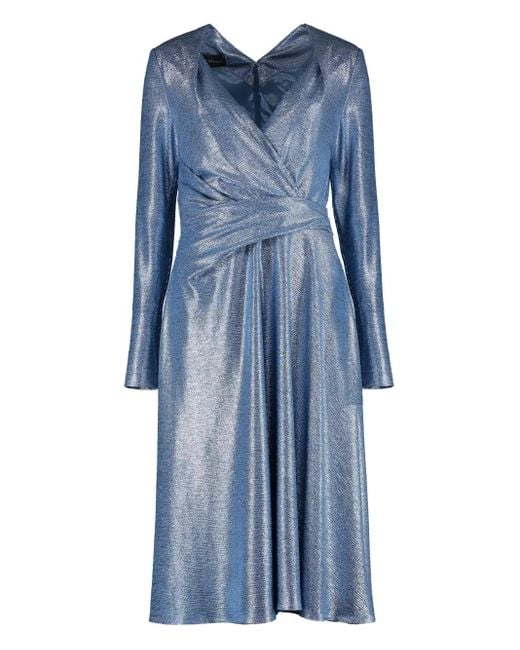 Talbot Runhof Draped V-neck Long-sleeve Midi Dress Blue