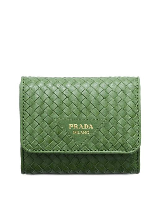 Prada Green Small Woven Madras Leather Wallet
