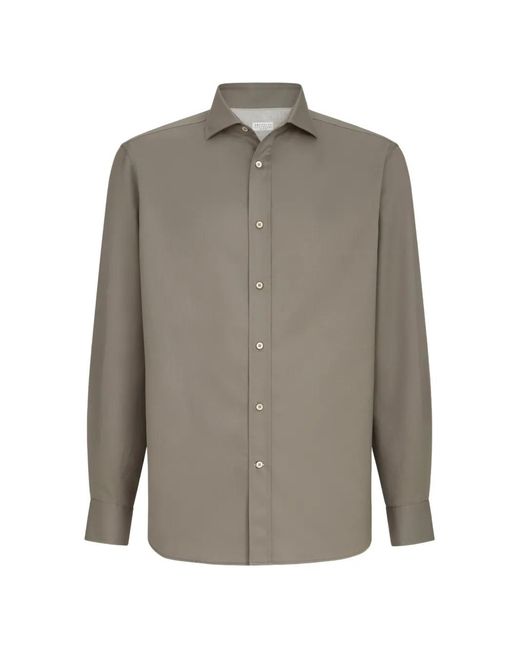 Brunello Cucinelli Gray Garment-Dyed Twill Shirt With Spread Collar for men
