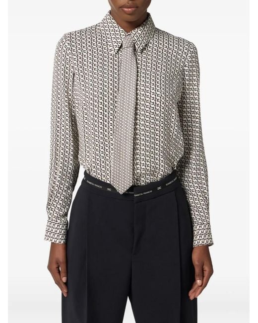 Elisabetta Franchi Gray Geometric-Print Tie-Neck Blouse
