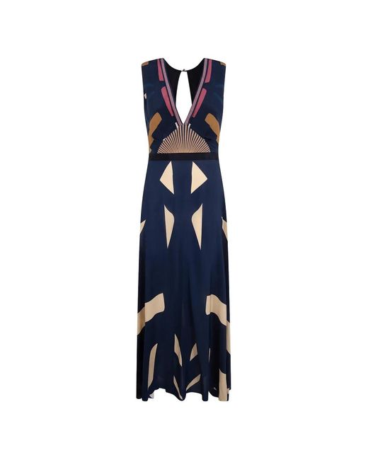 VOLANTIS Blue Ginko Geometric-Print Silk Dress
