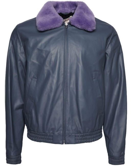 Marni Blue Contrast-collar Leather Jacket for men